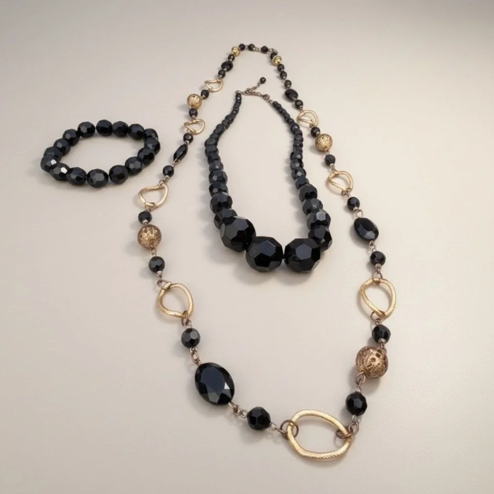 Dark Academia Beaded Jewelry Black Gold Tone‎ Acrylic Metal Necklaces Faceted